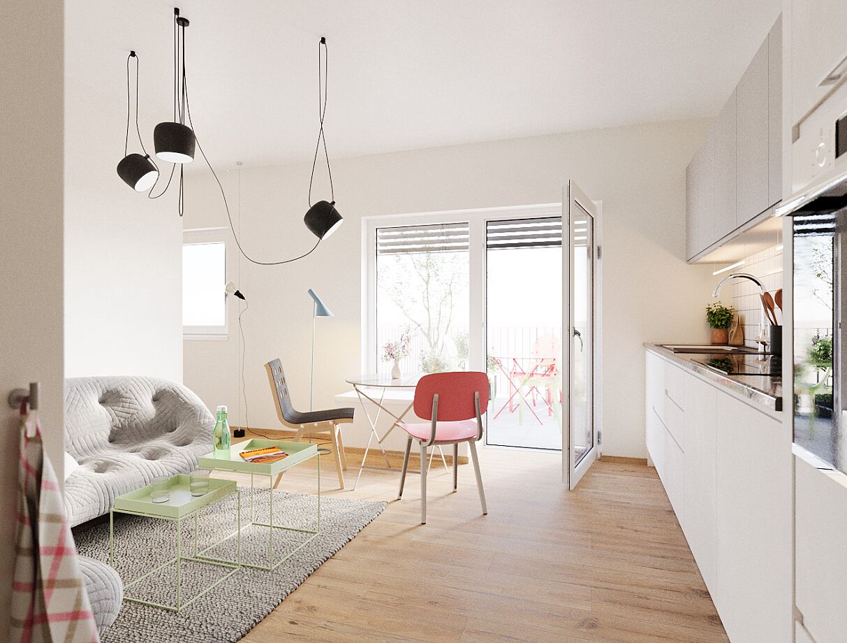 Funktional und stilvoll: Die Küche im Kh:Ek:51 verbindet Design mit praktischen Lösungen, ergänzt durch den nahtlosen Übergang zum Balkon
