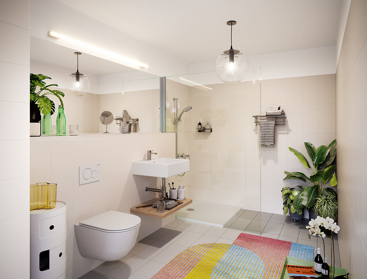 Moderner Komfort: Das Badezimmer im Kh:Ek:51 setzt auf klare Linien und hochwertige Ausstattung