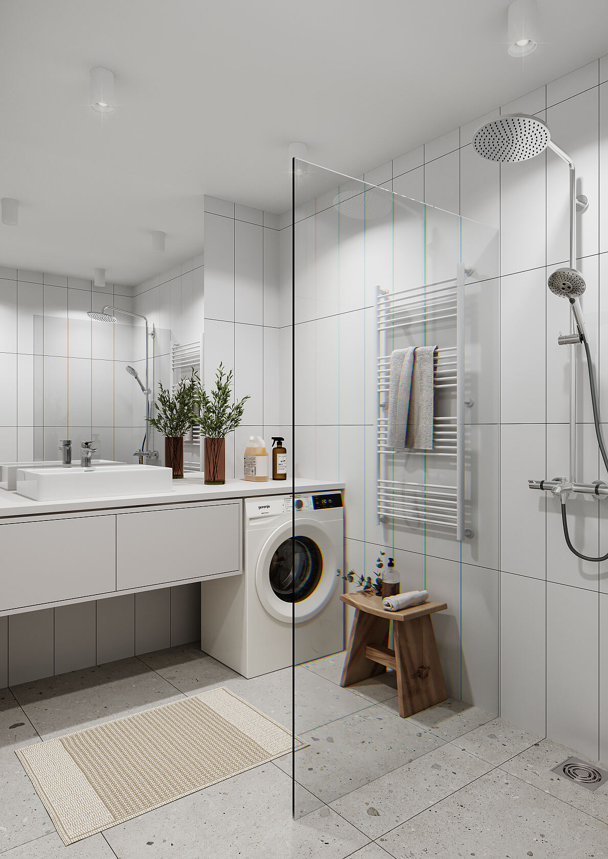 Modernes Badezimmer mit Rainshower-Dusche: Akzente von Premium-Qualität, wie großflächige Bodenfliesen und Rainshower, heben diese Wohnungen von anderen Projekten ab