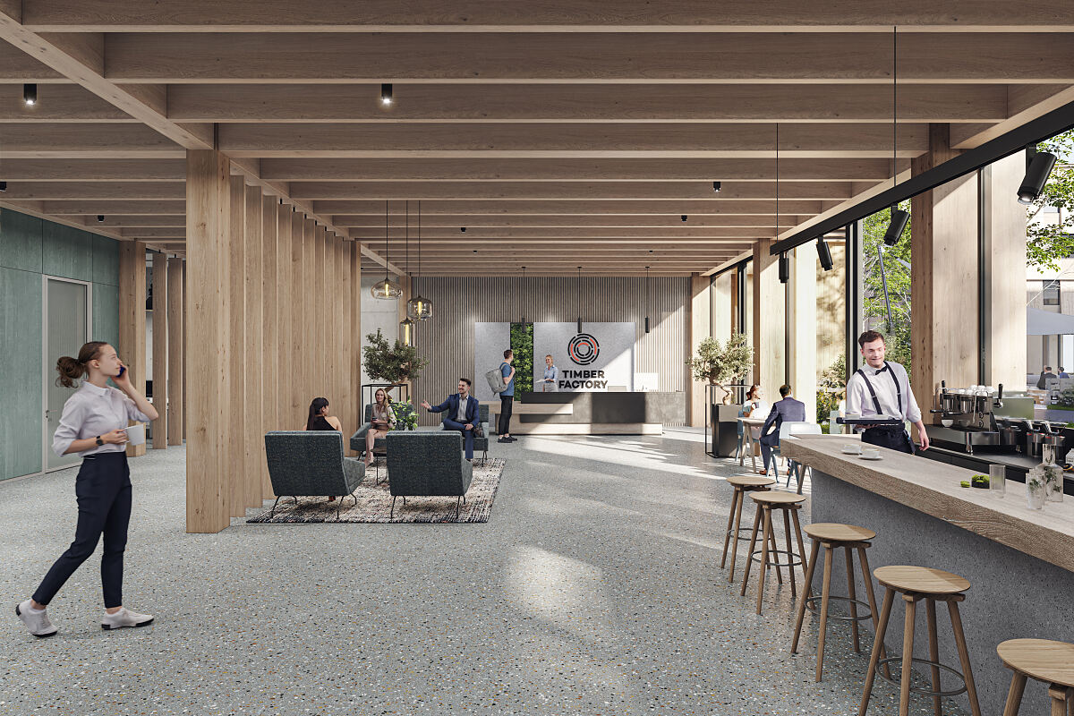 Visualisierung Gewerbe-Campus Foyer Timber Factory in München Moosach