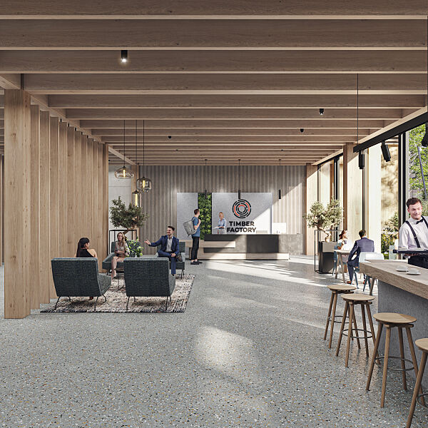 Visualisierung Gewerbe-Campus Foyer Timber Factory in München Moosach