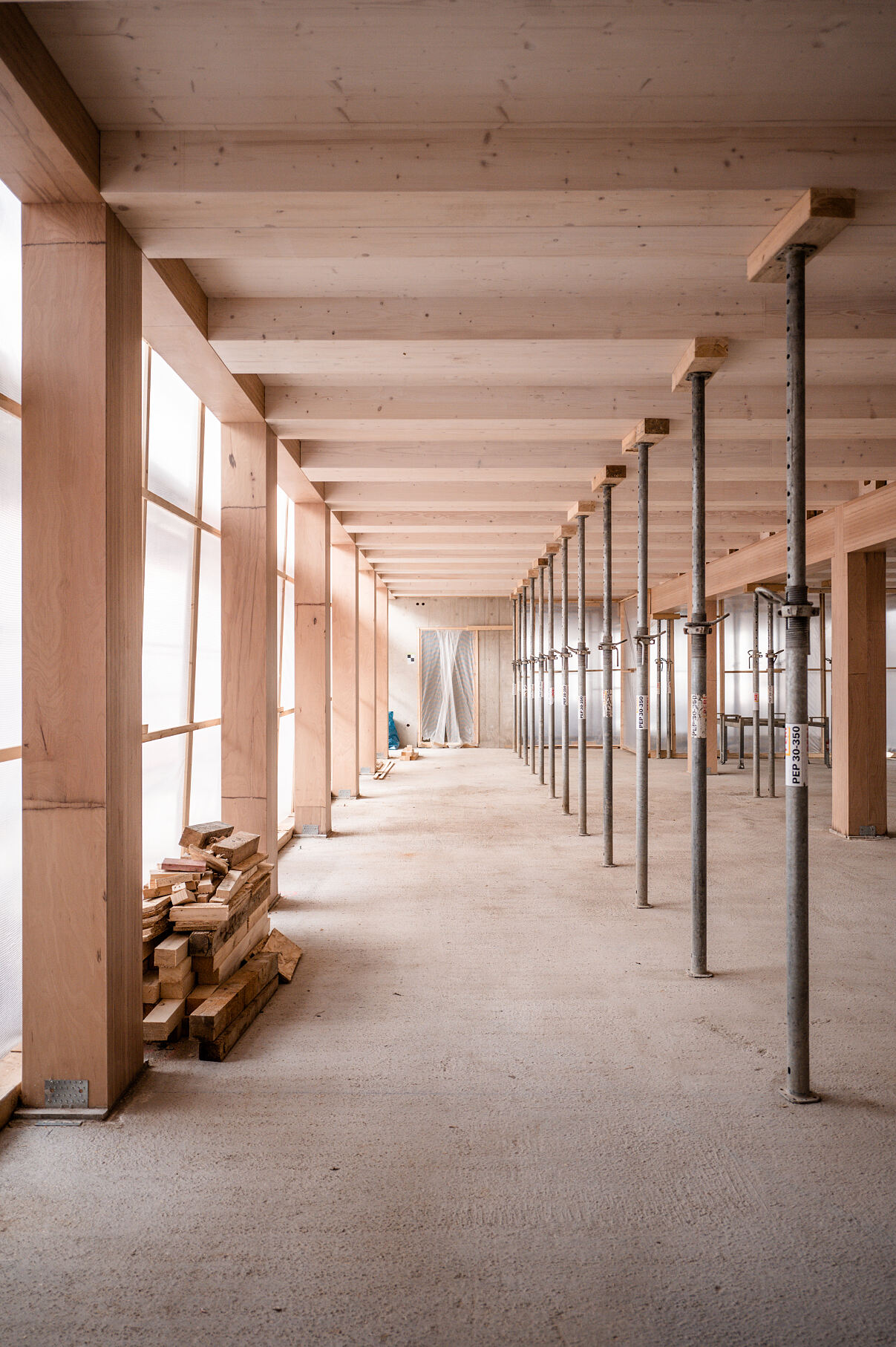 Die strukturelle Eleganz des TRI, eingefangen in der Flucht der Holzstützen, die eine neue Ära der Büroarchitektur in München einläuten.