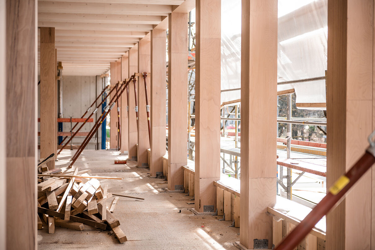 Die robusten Holzstützen des TRI, sichtbar an der Außenwand, symbolisieren Stärke und Nachhaltigkeit – ein Fundament für zukunftsfähige Arbeitswelten.