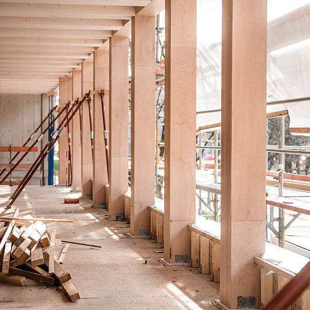 Die robusten Holzstützen des TRI, sichtbar an der Außenwand, symbolisieren Stärke und Nachhaltigkeit – ein Fundament für zukunftsfähige Arbeitswelten.